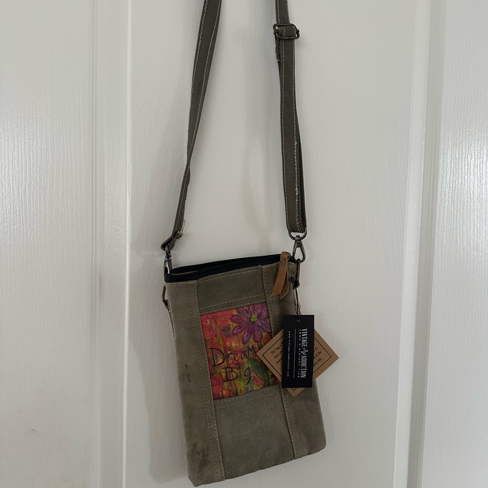 Vintage Addiction Small Crossbody Bag with Inspirational Patch